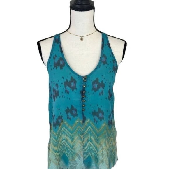 MM Couture Tops - MM Couture Womens Blue Green Watercolor Print Halter Lined Sleeveless Blouse S